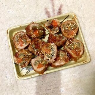 金時人参とゴボウの巻き豚生姜焼き風。